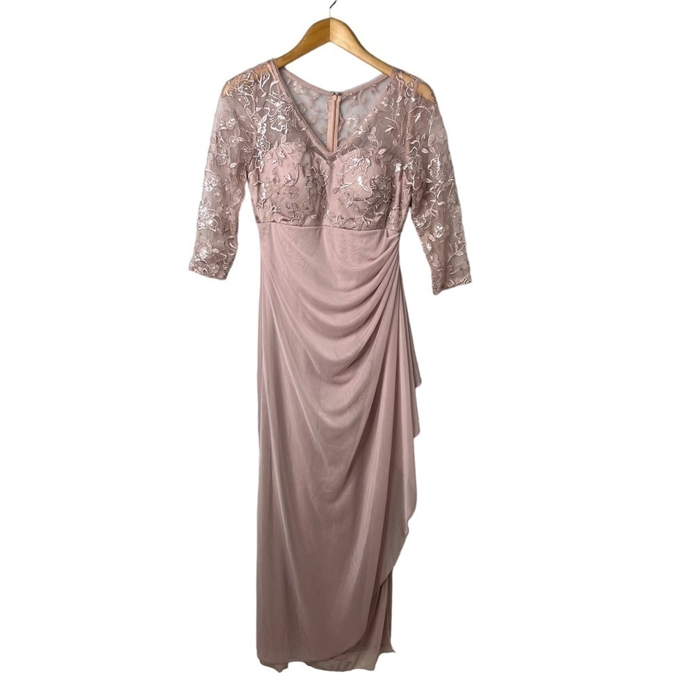 Alex Evenings Long V Neck Empire Waist Cascade Ruffle Faded Rose Size 4 - Picture 3 of 11